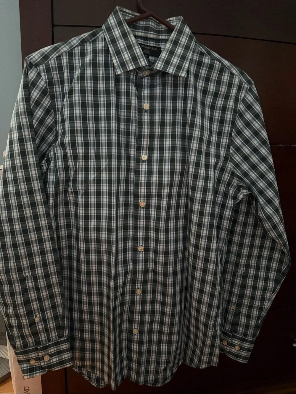Banana Republic Men's Dark Green and White Plaid Button-Down Shirt